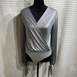 Lulu's Metallic Silver Wrap Bodysuit